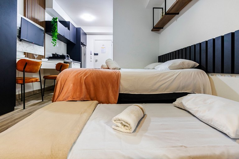 Studio Cama King + Piscina, Rooftop e Metrô